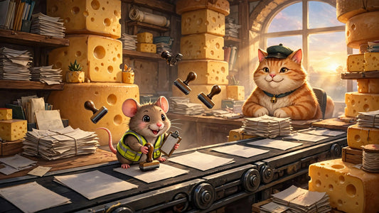 Junior Auditor Feta the mouse stamping cheese audit forms on a conveyor while Mister Whiskers watches