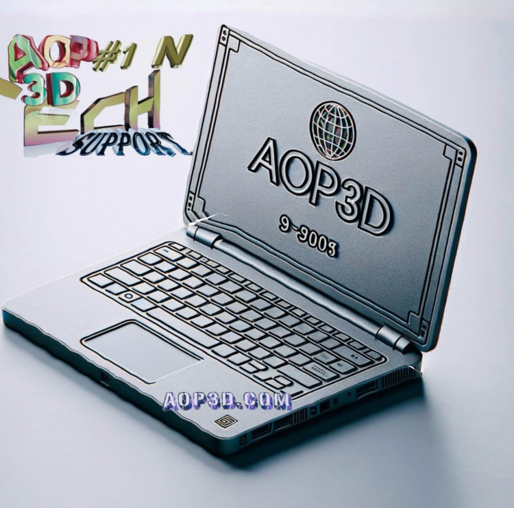 A gray laptop with "AOP3D 9-9003" displayed on the screen, next to text reading "AOP #1 IN 3D TECH SUPPORT" and "AOP3D.COM".