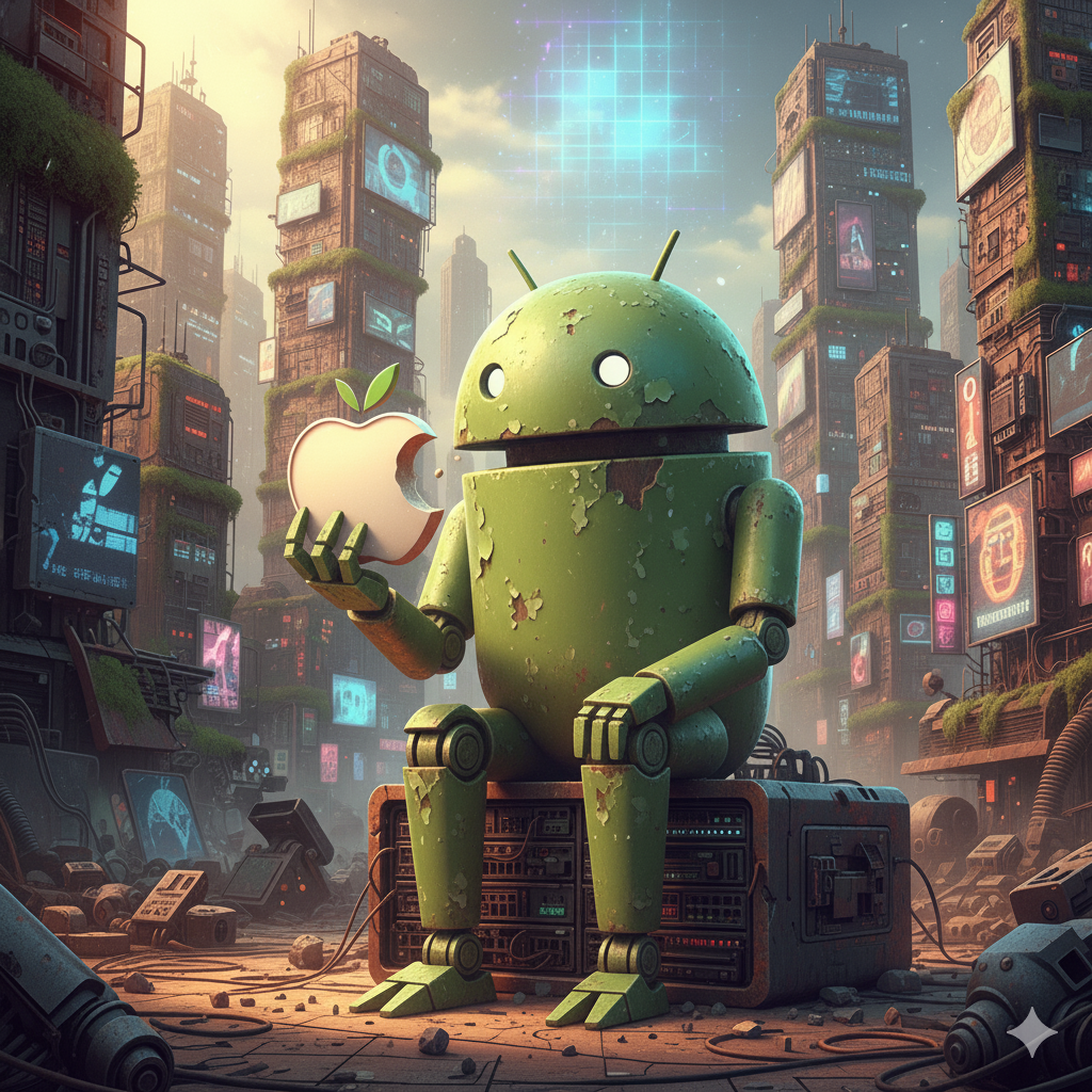 A large, weathered Android robot sits on crates in a futuristic city, holding a bitten Apple logo, surrounded by tall, tech-covered buildings.