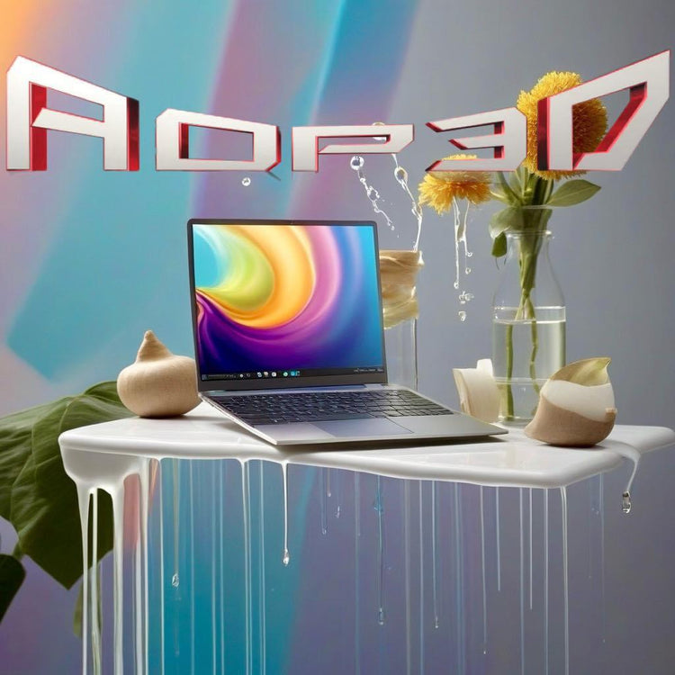 A laptop on a melting surface with water splashes, flowers in vases, and snail shells, set against a colorful gradient background. "AOP3D" text is displayed at the top of the image.