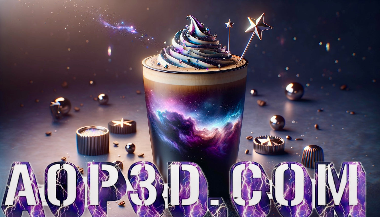 A glass with a galaxy-themed drink topped with star-shaped decorations and whipped cream, surrounded by spherical and star decorations. Text "AOP3D.COM" is displayed prominently at the bottom.