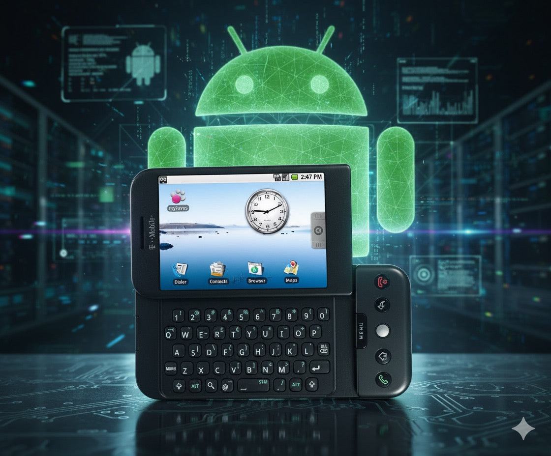 A T-Mobile smartphone with a physical keyboard and touchscreen displays the early Android interface, with a large Android robot icon in the digital background.