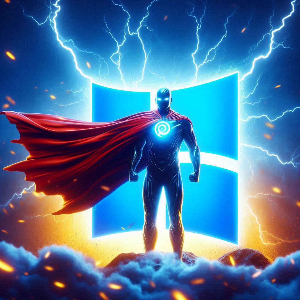 A superhero figure in a red cape stands in front of a glowing Windows logo with lightning and sparks in the background.