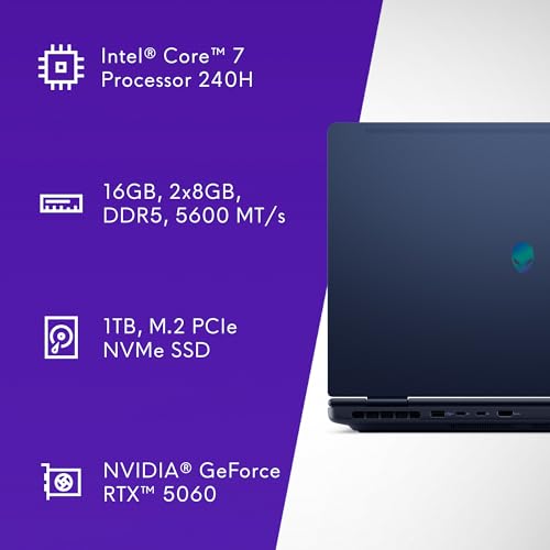 Alienware 16 Aurora Laptop AC16250-16-inch 16:10 WQXGA Display, Intel Core 7-240H Series 2, 16GB DDR5 RAM, 1TB SSD, NVIDIA GeForce RTX 5060 8GB GDDR7, Windows 11 Home, Onsite Service - Blue - AOP3D tech