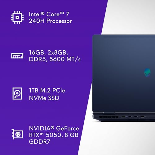 Alienware 16 Aurora Gaming Laptop AC16250-16" WQXGA 120Hz Display, Intel Core 7-240H Processor, 16GB DDR5 RAM, 1TB SSD, NVIDIA GeForce RTX 5050 8GB Graphics, Windows 11 Home, Onsite Service - Blue - AOP3D tech