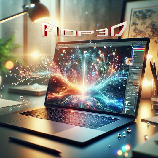 A laptop on a desk displays a vibrant, digital 3D rendering with intricate light and particle effects, accompanied by the text "AOP3D eCourse". The workspace includes a lamp, pens, an iPad with the "How to Save Your iPad's Battery" course activated, and a plant in the background.