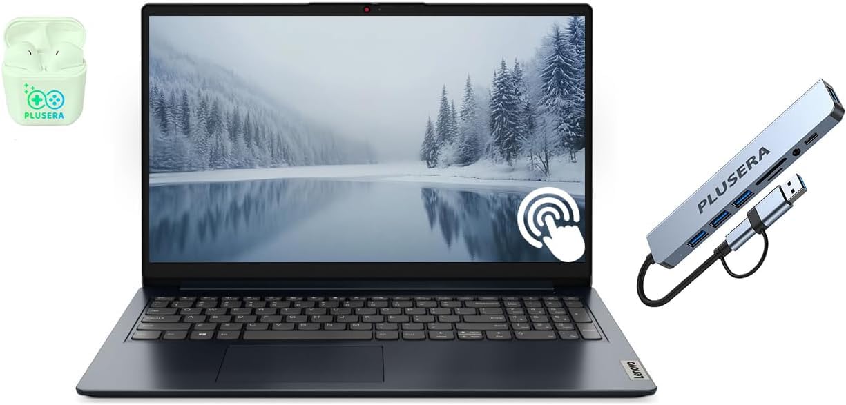 A Lenovo IdeaPad 15.6” FHD Touchscreen Laptop with Windows 11 Pro and Microsoft Office, 40GB RAM, 2.5TB storage, plus PLUSERA earphones and a docking station are displayed with a snowy scene on the screen.