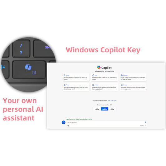 Close-up of the Copilot key on an Alienware 18 Area-51 Gaming Laptop (18" 2.5K QHD+, RTX 5080, Intel Ultra 9, Windows 11 Pro), next to a screenshot of the Windows Copilot AI assistant on its display.