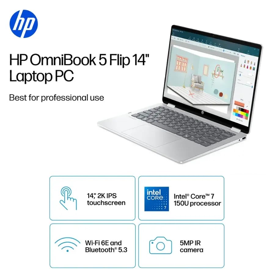 HP OmniBook 5 Flip 2-in-1 Touch Screen i7 Laptop, 16GB DDR5 RAM 1TB SSD Intel Core 7 150U Processor(Beat i7 1355U), 14" FHD+IPS Display, Backlit Keyboard, Wi-Fi 6E, 5MP IR Privacy Camera, Win 11 Pro - AOP3D tech
