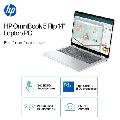 HP OmniBook 5 Flip 2-in-1 Touch Screen i7 Laptop, 16GB DDR5 RAM 1TB SSD Intel Core 7 150U Processor(Beat i7 1355U), 14" FHD+IPS Display, Backlit Keyboard, Wi-Fi 6E, 5MP IR Privacy Camera, Win 11 Pro - AOP3D tech