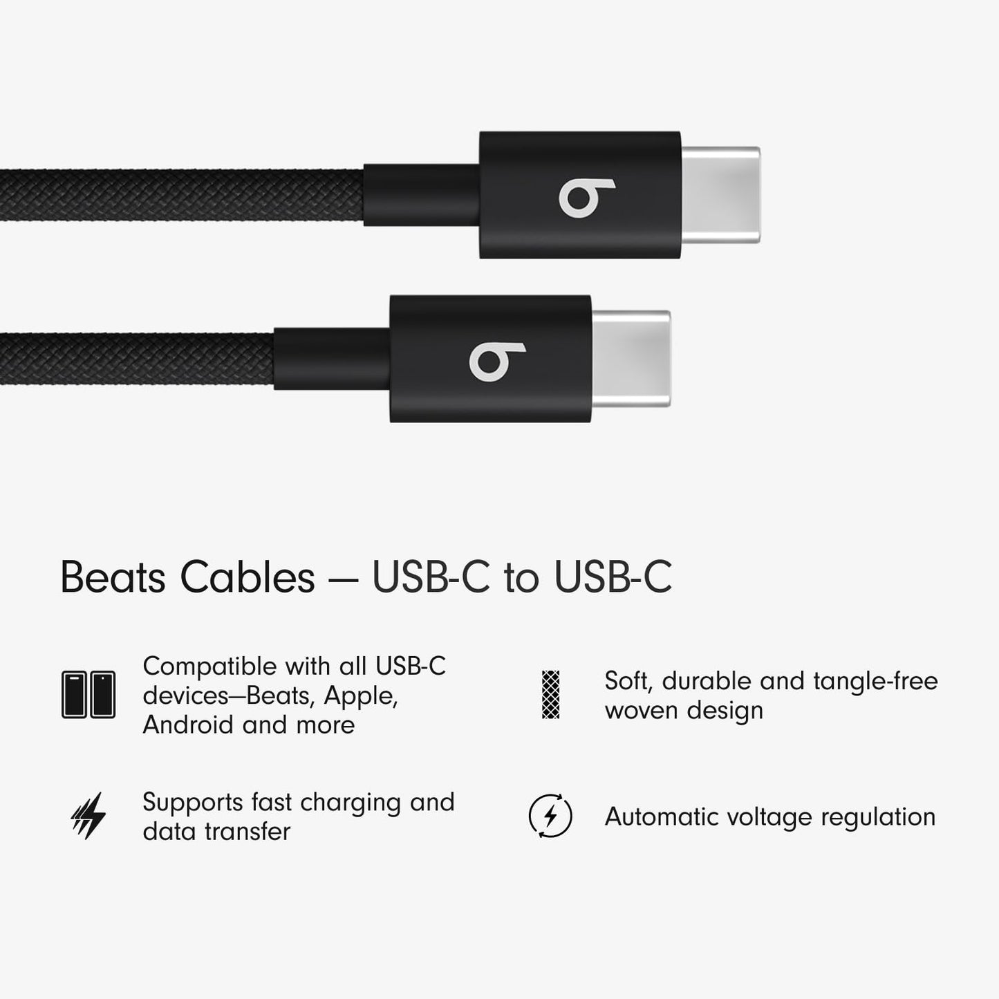 Beats USB-C to USB-C Woven Cable 2 Pack Fast Charging Durable/Tangle-Free Compatible Charger for Apple & Android Devices (1.5 m, 5 ft) - Bolt Black - AOP3D tech