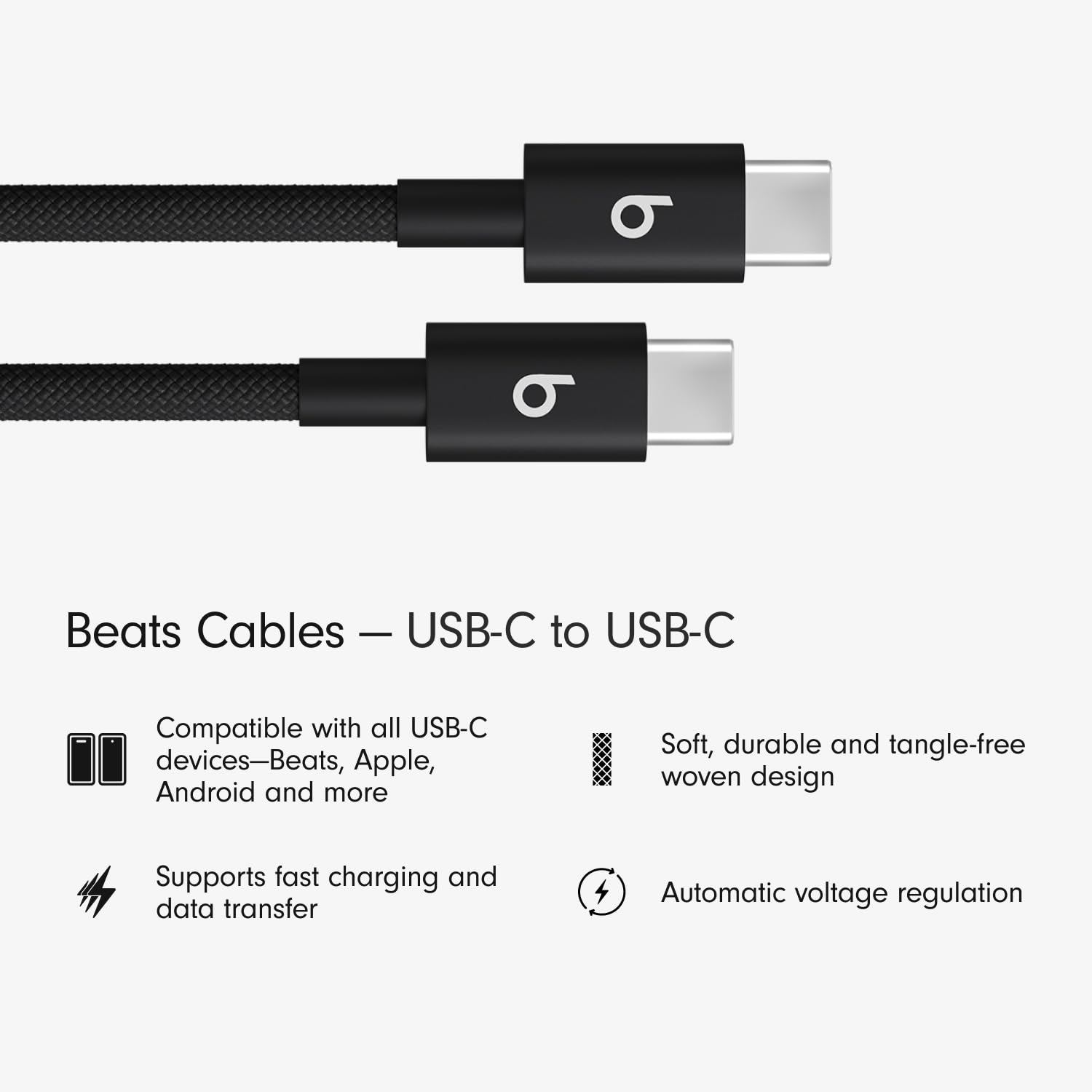 Beats USB-C to USB-C Woven Cable 2 Pack Fast Charging Durable/Tangle-Free Compatible Charger for Apple & Android Devices (1.5 m, 5 ft) - Bolt Black - AOP3D tech
