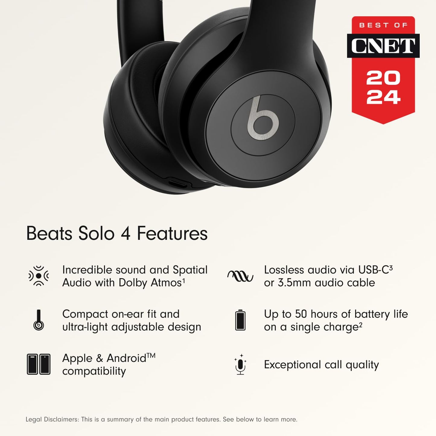 Beats Solo 4 - Wireless On-Ear Bluetooth Headphones, Up to 50-Hour Battery Life, Ultra-Lightweight Comfort, Powerful and Balanced Sound, Apple & Android Compatible - Matte Black - AOP3D tech