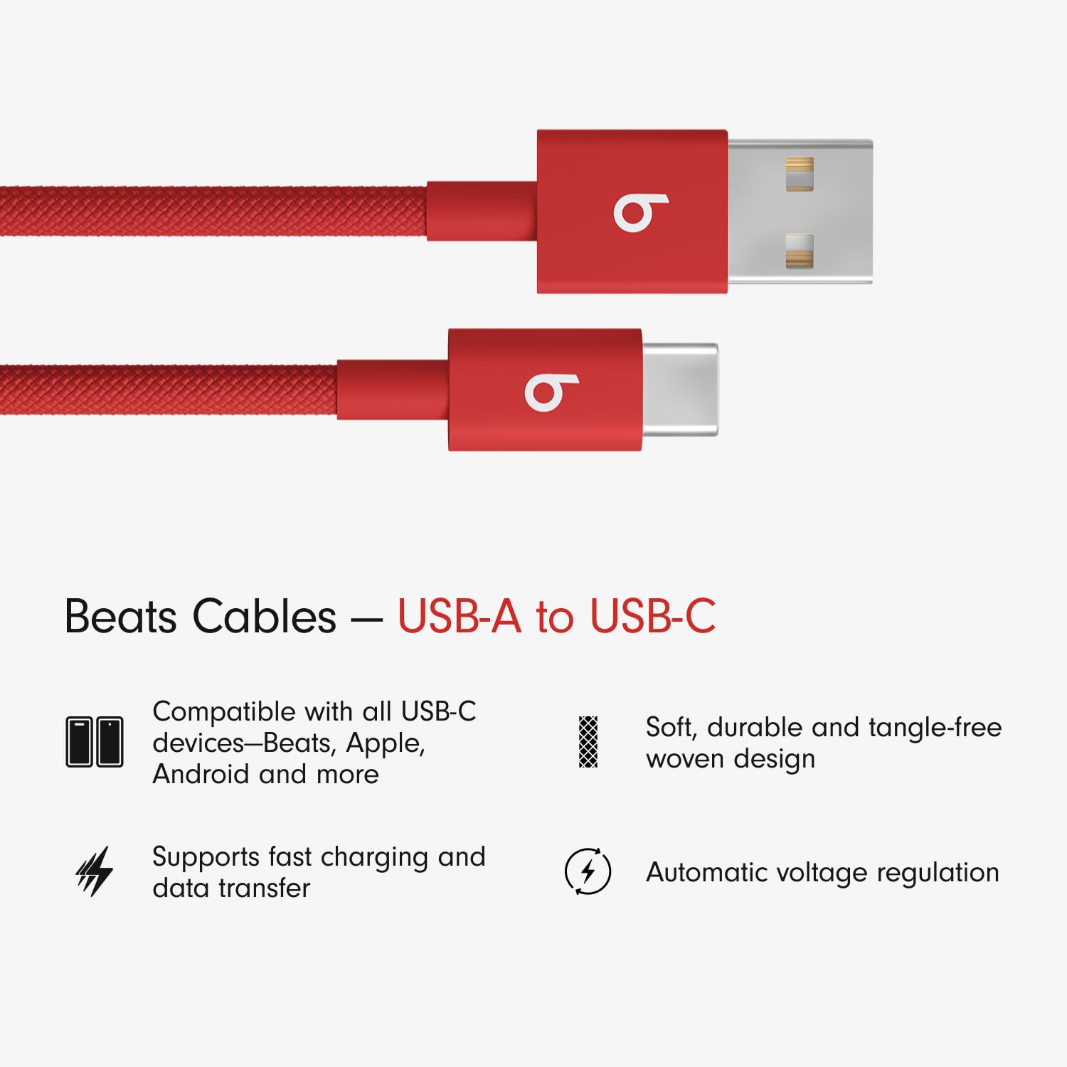 Beats USB-A to USB-C Woven Cable Fast Charging Durable and Tangle-Free Design Compatible Charger for Apple & Android Devices (1.5 m, 5 ft) - Rapid Red - AOP3D tech