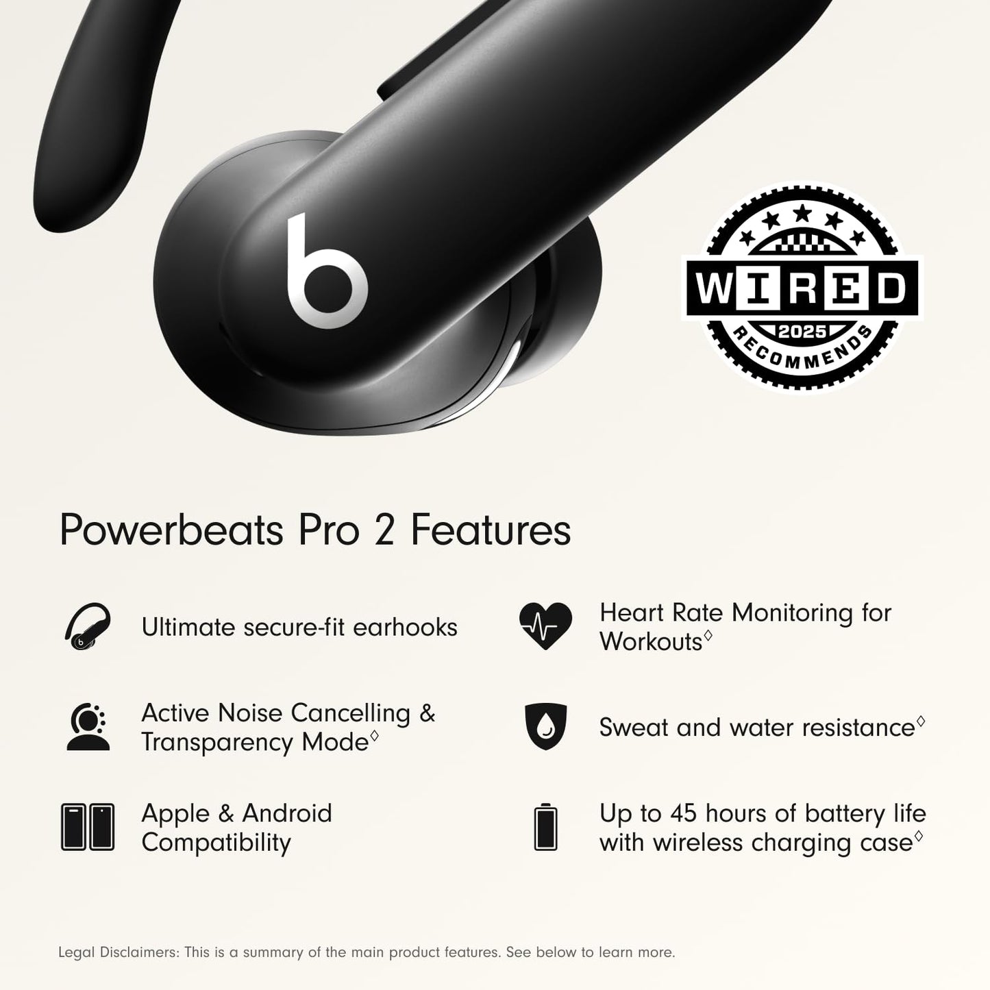 Beats Powerbeats Pro 2 - Wireless Noise Cancelling Workout Earbuds with Secure- Fit Earhooks, Up to 45-Hour Battery with Charging Case, Sweat & Water Resistant, Heart Rate Monitoring - Jet Black - AOP3D tech
