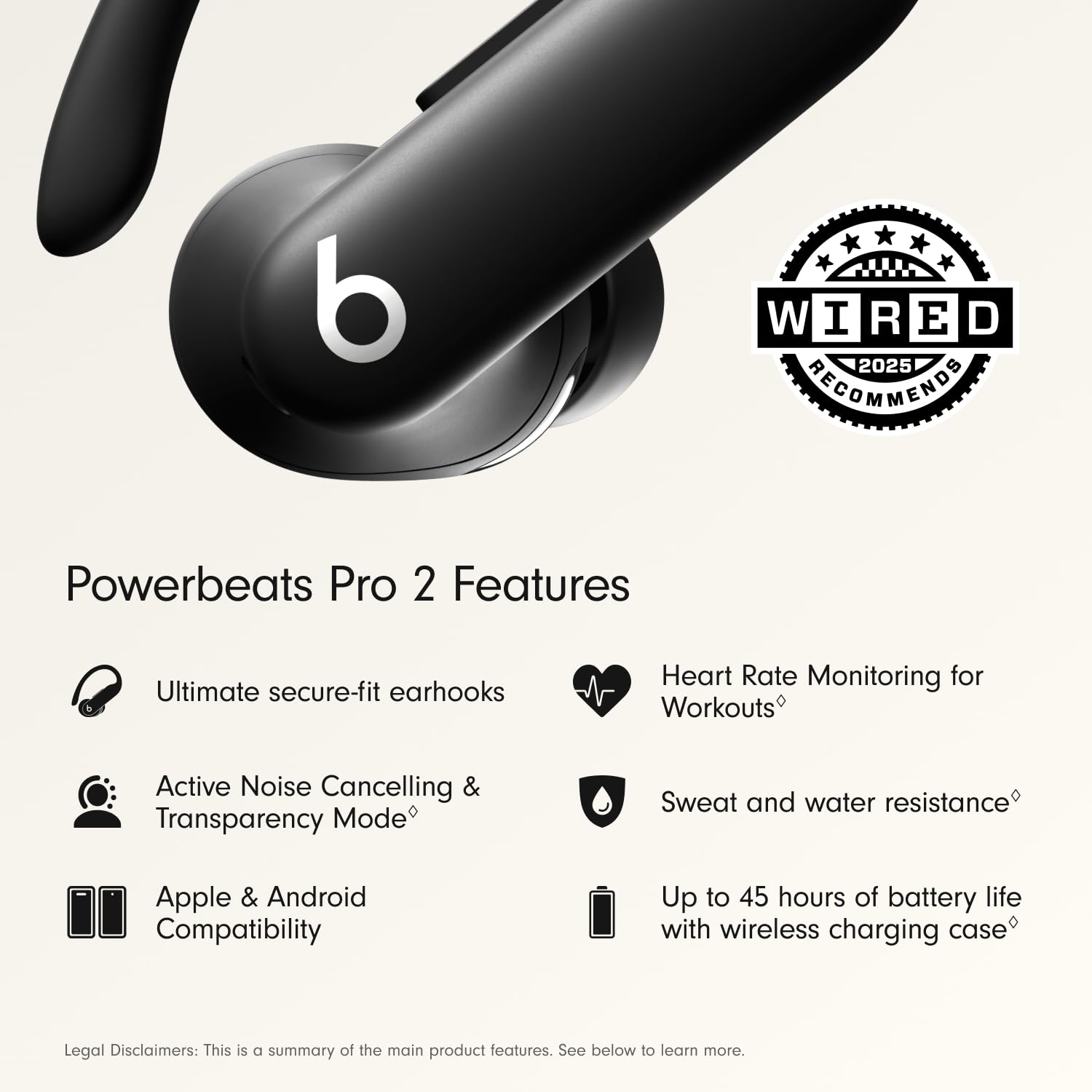 Beats Powerbeats Pro 2 - Wireless Noise Cancelling Workout Earbuds with Secure- Fit Earhooks, Up to 45-Hour Battery with Charging Case, Sweat & Water Resistant, Heart Rate Monitoring - Jet Black - AOP3D tech