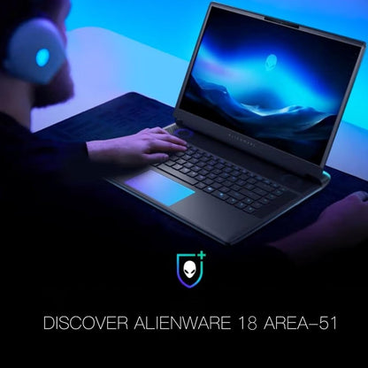 A person uses an Alienware 18 Area-51 Gaming Laptop with blue lighting. Text: "DISCOVER ALIENWARE 18 AREA-51—NVIDIA RTX 5080, Intel Ultra 9 24-Core, 18" QHD+ 300Hz, 64GB DDR5, and 8TB SSD for elite gaming.