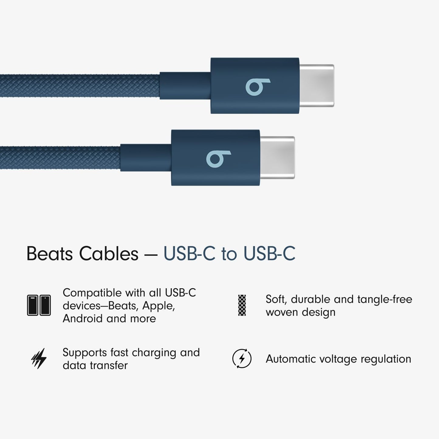 Beats USB-C to USB-C Woven Cable Fast Charging Durable/Tangle-Free Compatible Charger for Apple & Android Devices (1.5 m, 5 ft) - Nitro Navy - AOP3D tech