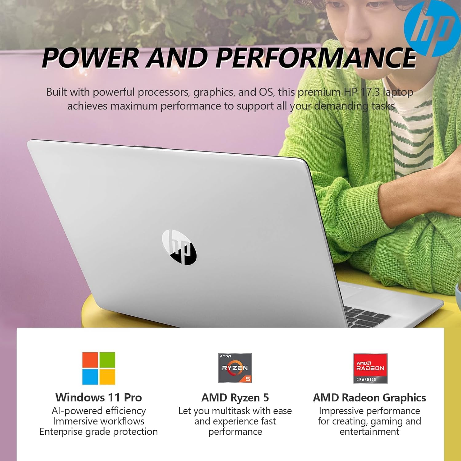 HP 17.3 Inch FHD Business Laptop with MS Office for The Web, AMD Ryzen 5 7430U (Beats Core i7-1355U), 8GB RAM, 756GB Storage(256GB SSD + 500GB External Drive), Windows 11, WOWPC 3-in-1, No Mouse - AOP3D tech