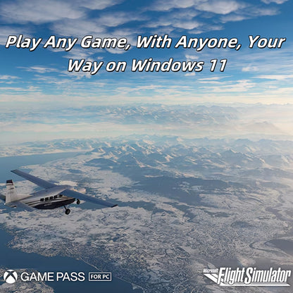 A small airplane soars over a snowy mountain landscape. Experience 4K gaming clarity on the Alienware 18 Area-51 with NVIDIA RTX 5080, Intel Ultra 9, Windows 11 Pro, and Game Pass for PC—perfect for Microsoft Flight Simulator.