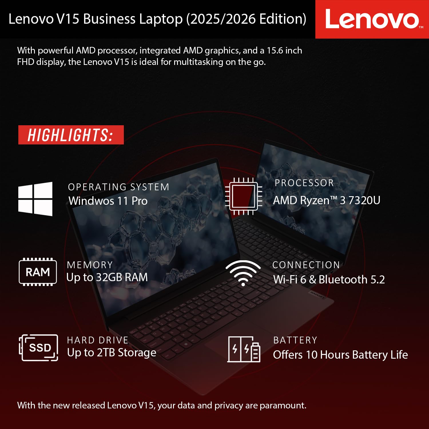 Lenovo 2026 New Generation Business and Student Laptop, Ryzen 3 7000-Series(Outperforms Intel i5-1235U), 16GB DDR5, 256GB PCIE, 15.6" FHD Display, Ultra Quiet Design, Long Battery Life, Windows 11 Pro - AOP3D tech