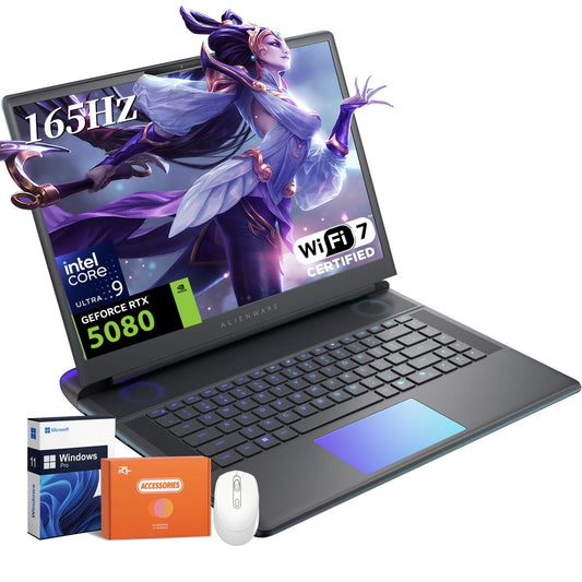 Alienware 18 Area-51 Gaming Laptop: Intel Ultra 9 275HX (24-core, up to 5.4GHz), NVIDIA RTX 5080 16GB, 18" QHD+ 300Hz display, 64GB DDR5 RAM, 8TB SSD, backlit keyboard, Windows 11 Pro, plus accessories—fantasy character shown onscreen.