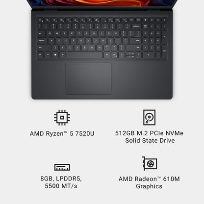 Dell 15 Laptop DC15255-15.6-inch FHD 120Hz Display, AMD Ryzen 5-7520U, 8GB LPDDR5 RAM, 512GB SSD, AMD Radeon 610M Graphics, Windows 11 Home, Onsite Service - Carbon Black - AOP3D tech
