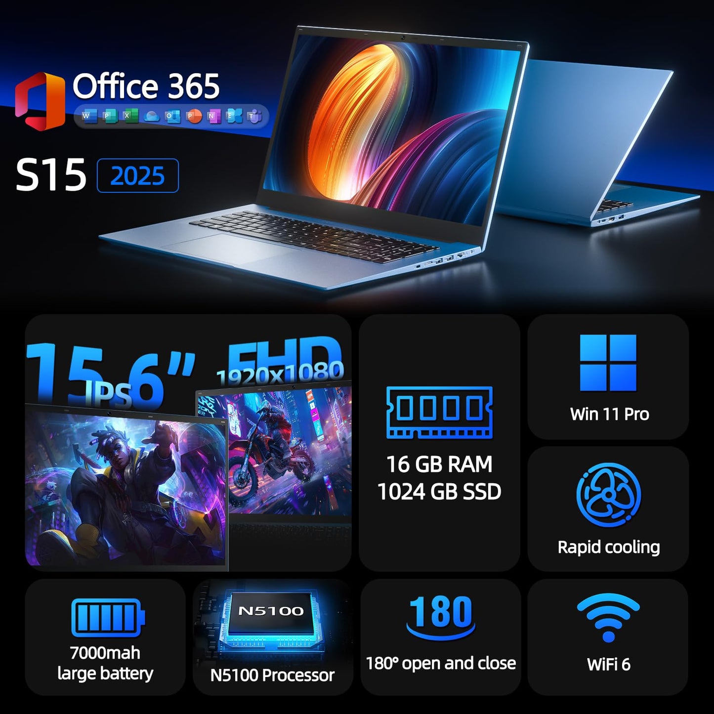 SGIN 15.6 Inch Laptop Computer, Windows 11 Laptops 16GB RAM 1024GB SSD, Celeron N5100, Office 365, IPS FHD, WiFi 6, 53.2WH Battery, 180° Viewing, HDMI, Cooling Fan, for Business and Students - AOP3D tech
