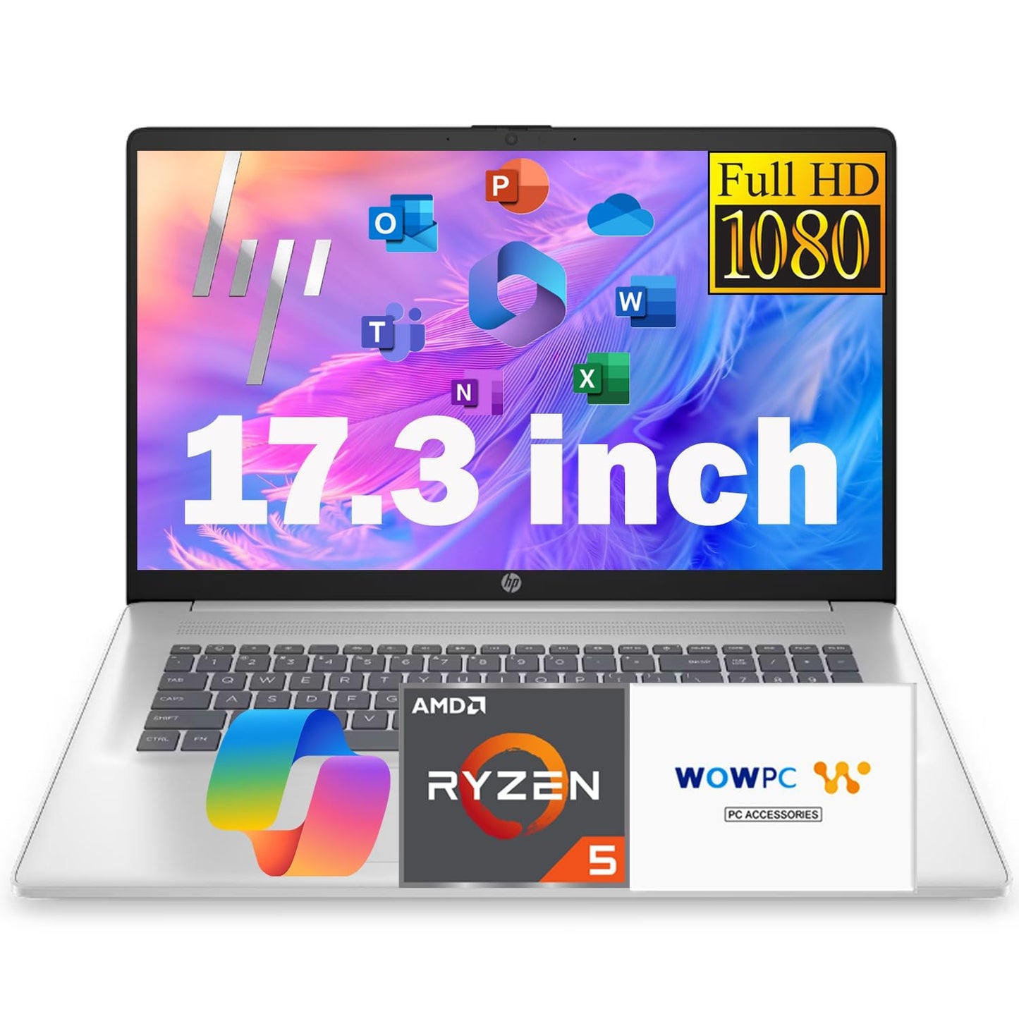 HP 17.3 Inch FHD Business Laptop with MS Office for The Web, AMD Ryzen 5 7430U (Beats Core i7-1355U), 8GB RAM, 756GB Storage(256GB SSD + 500GB External Drive), Windows 11, WOWPC 3-in-1, No Mouse - AOP3D tech