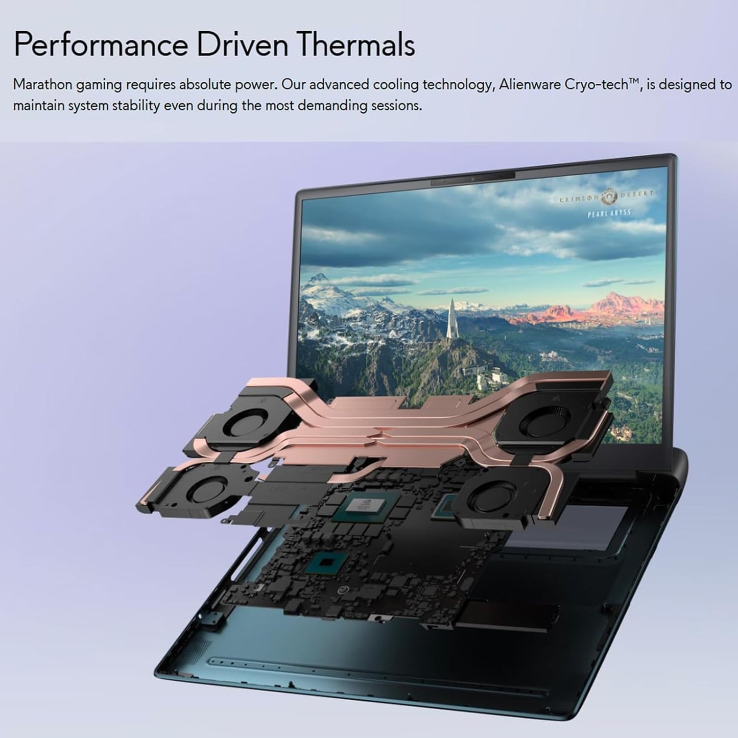 The Alienware 18 Area-51 Gaming Laptop is shown with its internal cooling system highlighted before a vivid display, featuring an NVIDIA RTX 5080, Intel Ultra 9 275HX, 18" QHD+ screen, 64GB DDR5 RAM, and 8TB SSD.