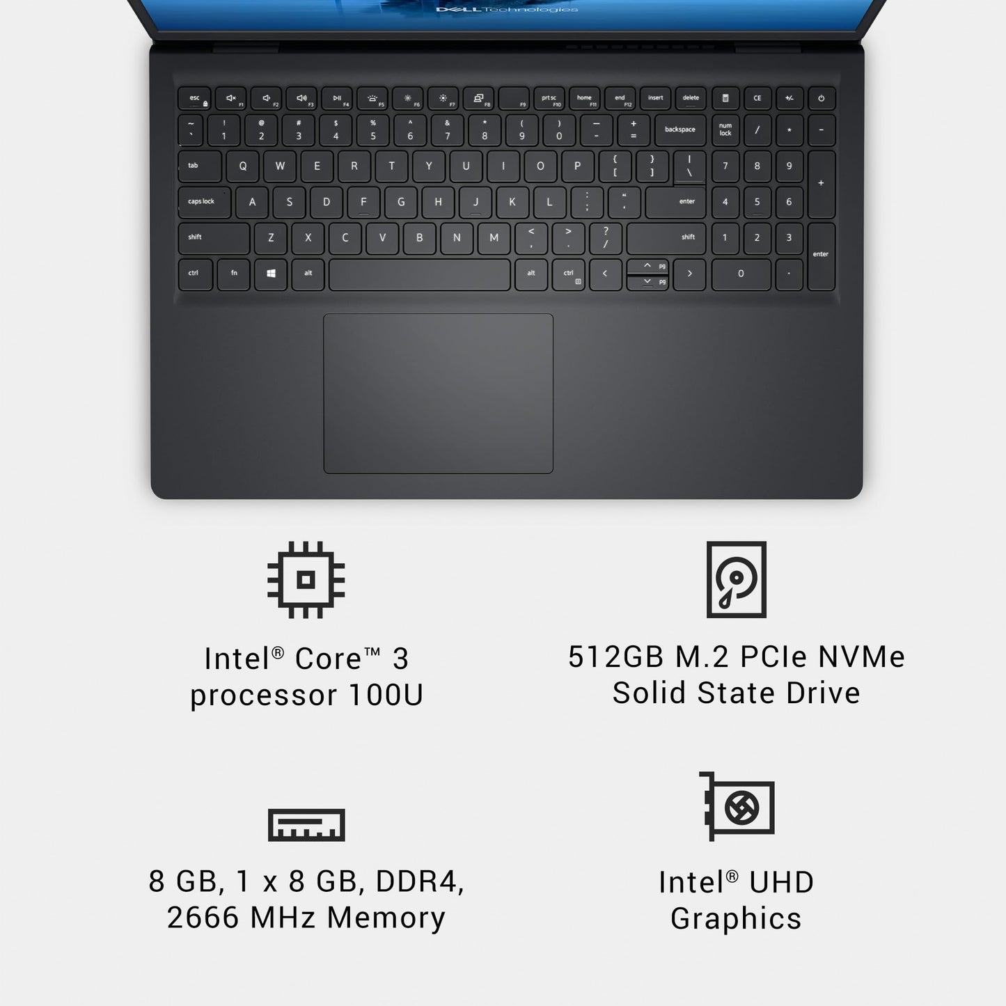 Dell 15 Laptop DC15250-15.6-inch FHD 120Hz Display, Intel Core 3 Processor 100U Processor, 8GB DDR4 RAM, 512GB SSD, Intel UHD Graphics, Windows 11 Home, Onsite Service - Carbon Black - AOP3D tech
