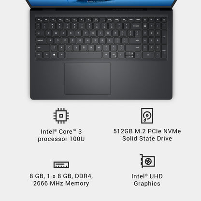 Dell 15 Laptop DC15250-15.6-inch FHD 120Hz Display, Intel Core 3 Processor 100U Processor, 8GB DDR4 RAM, 512GB SSD, Intel UHD Graphics, Windows 11 Home, Onsite Service - Carbon Black - AOP3D tech