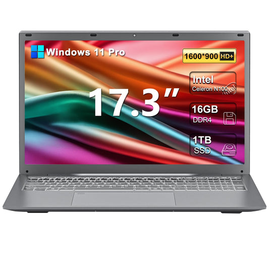 2025 17 17.3 Inch HD+ Windows 11 Pro Laptop for Students and Business, 16GB DDR5 RAM, 1TB SSD, Intel 4-Core N100(Up to 3.4GHz), Backlit Keyboard, Fingerprint, Type-C, w/Office Lifetime License - AOP3D tech