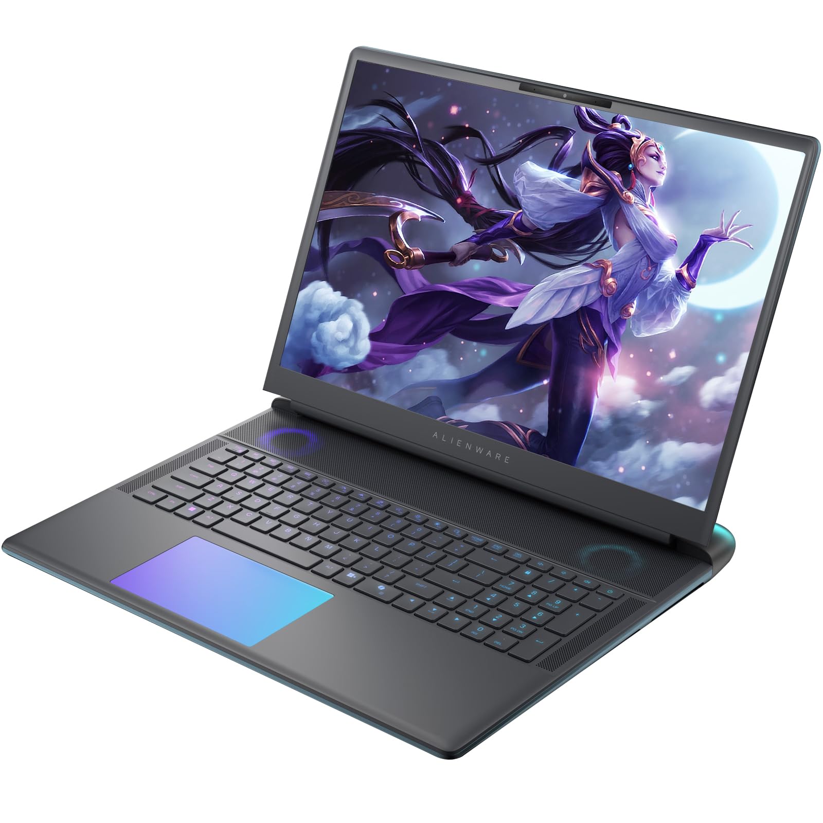 A black Alienware 18 Area-51 Gaming Laptop with NVIDIA RTX 5080, Intel Ultra 9, 18" QHD+ display, and 64GB RAM showcases vibrant fantasy art on screen—delivering an immersive experience ideal for high-performance gaming.