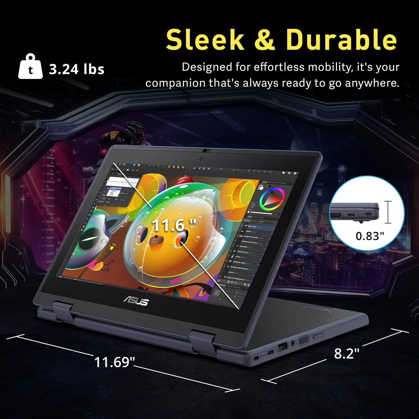 ASUS BR1102FGA 11.6" 2-in-1 Rugged & Spill Resistant Touchscreen Laptop, Intel Celeron N100, 4GB RAM, 288GB Storage(128GB SSD+160GB Docking Station Set), UHD Graphics, WiFi 6, Webcam, Win 11 Pro, Gray - AOP3D tech