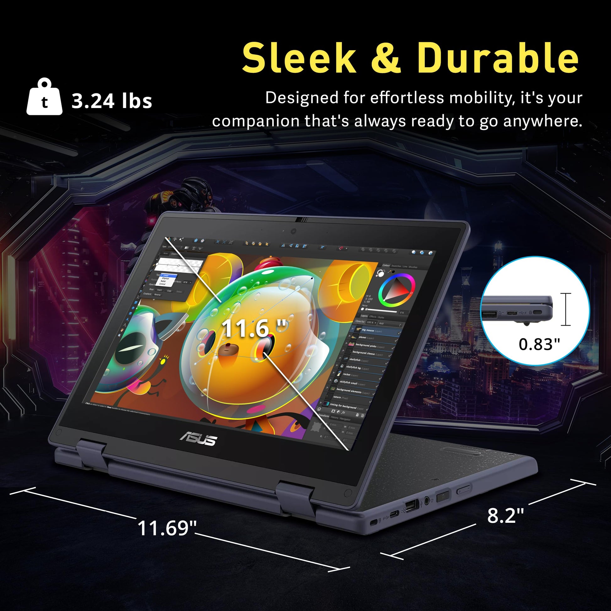 ASUS BR1102FGA 11.6" 2-in-1 Rugged & Spill Resistant Touchscreen Laptop, Intel Celeron N100, 4GB RAM, 288GB Storage(128GB SSD+160GB Docking Station Set), UHD Graphics, WiFi 6, Webcam, Win 11 Pro, Gray - AOP3D tech