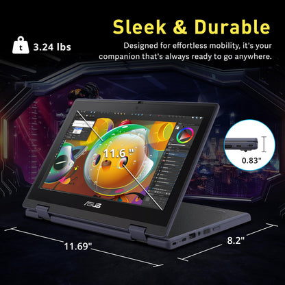 ASUS BR1102FGA 11.6" 2-in-1 Rugged & Spill Resistant Touchscreen Laptop, Intel Celeron N100, 4GB RAM, 288GB Storage(128GB SSD+160GB Docking Station Set), UHD Graphics, WiFi 6, Webcam, Win 11 Pro, Gray - AOP3D tech