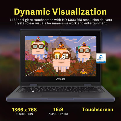 ASUS BR1102FGA 11.6" 2-in-1 Rugged & Spill Resistant Touchscreen Laptop, Intel Celeron N100, 4GB RAM, 288GB Storage(128GB SSD+160GB Docking Station Set), UHD Graphics, WiFi 6, Webcam, Win 11 Pro, Gray - AOP3D tech