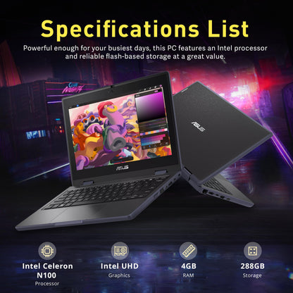ASUS BR1102FGA 11.6" 2-in-1 Rugged & Spill Resistant Touchscreen Laptop, Intel Celeron N100, 4GB RAM, 288GB Storage(128GB SSD+160GB Docking Station Set), UHD Graphics, WiFi 6, Webcam, Win 11 Pro, Gray - AOP3D tech