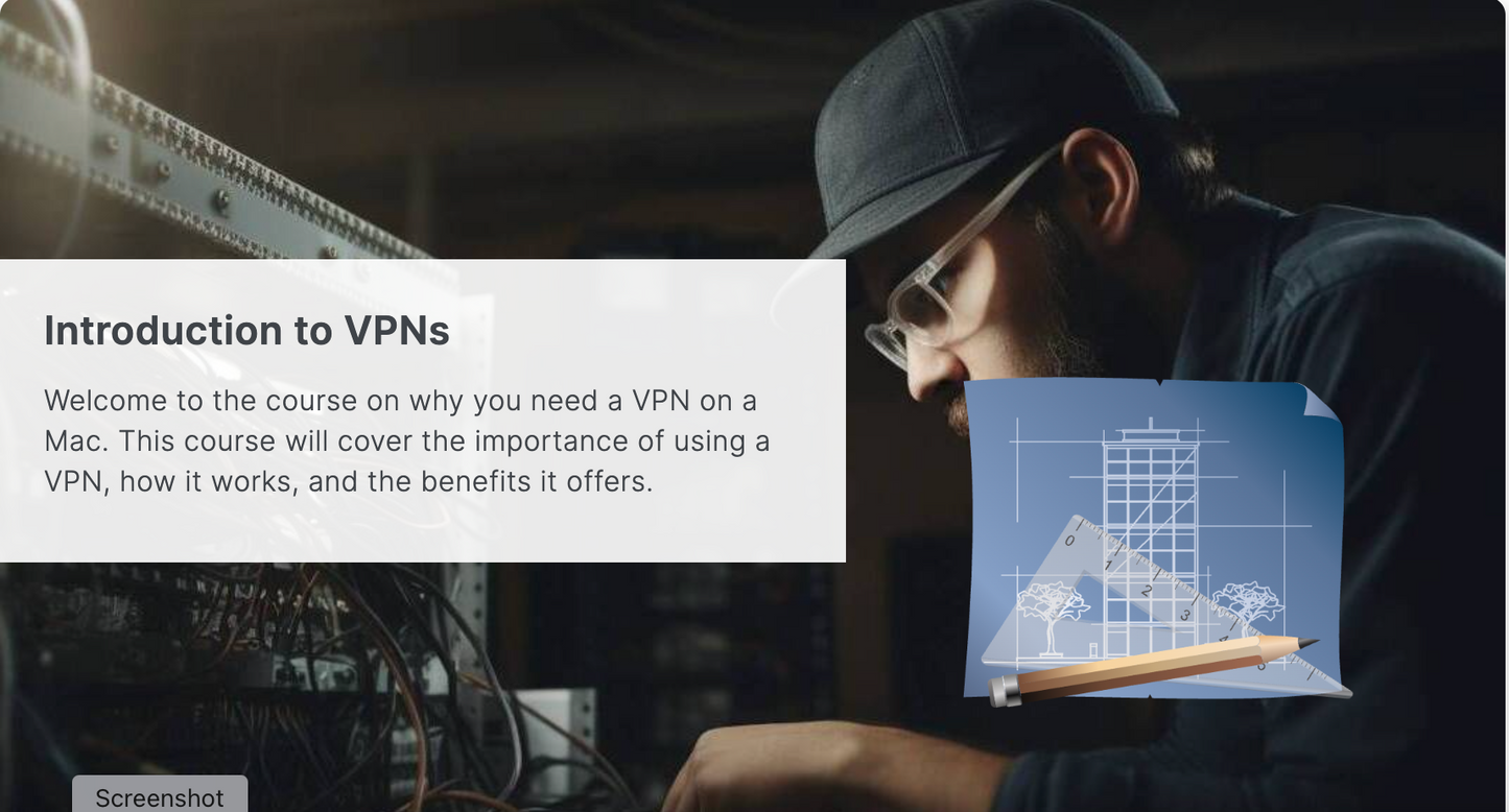 A person working on computer equipment is shown alongside a text box introducing the AOP3D E-Course: Understanding the Importance of VPNs for Mac Users, which covers their significance, functionality, and advantages for digital privacy.