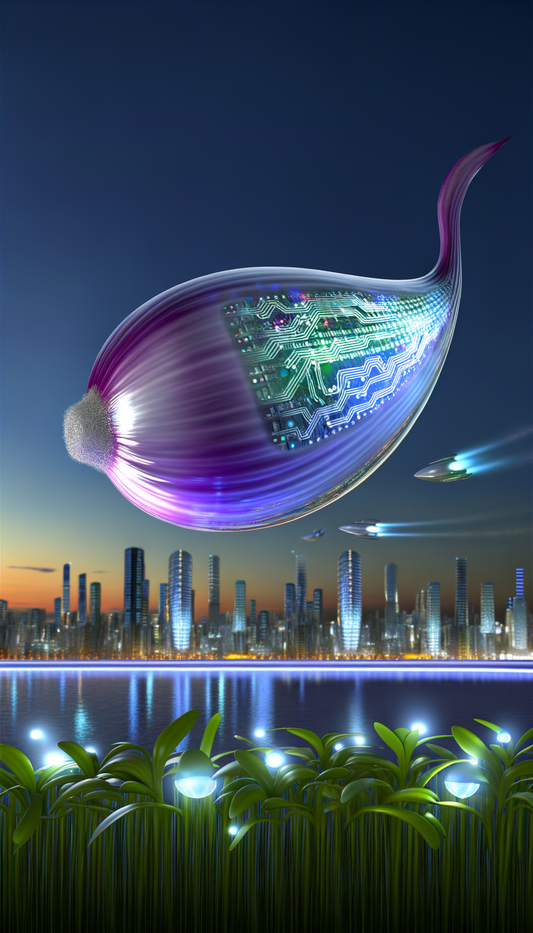 A cityscape with a futuristic aura features an object shaped like "The Versatile Onion: A Comprehensive Overview" by AOP3D, adorned with electronic circuits and floating in the sky; small flying vehicles hover nearby as plants thrive along the illuminated waterfront.