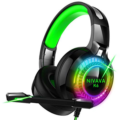 Nivava Gaming Headset for PS4, Xbox One, PC Headphones with Microphone LED Light Mic for Nintendo Switch PS5 Playstation Computer, K6(Green)