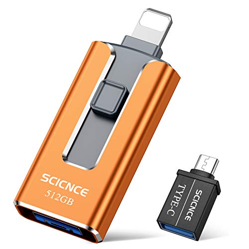 USB3.0 Flash Drives 512GB, SCICNCE Memory Drive 512GB Photo Stick Compatible with Mobile Phone & Computers, Mobile Phone External Expandable Memory Storage Drive, Take More Photos & Videos (Orange)