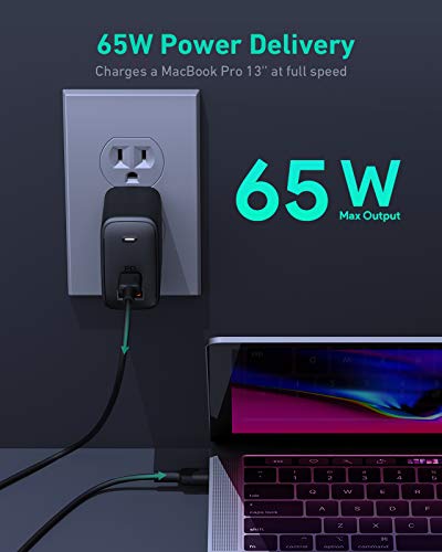 USB C Charger, AUKEY Omnia 65W 2-Port Fast Charger for New iPhone/Macbook Pro with GaNFast Technology, PD Charger and USB C Wall Charger for Macbook Pro 13"/15",iPhone 11 Pro Max,iPad Pro 2020,Switch