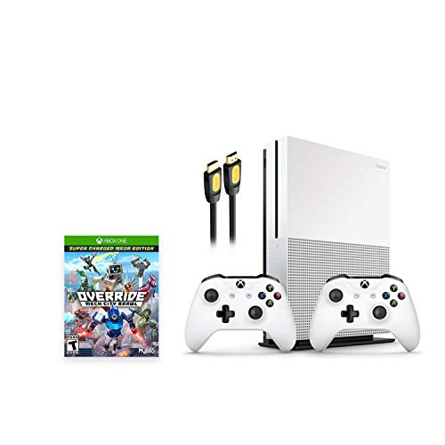 Microsoft Xbox One S 1TB HDD with Two Wireless Controllers (Previous Model) White, Override Mech City Brawl Game Disc and Mytrix HDMI 2.0 Cable