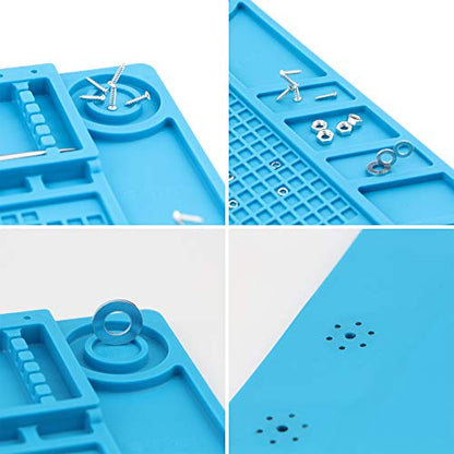 Spurtar Heat Insulation Silicone Repair Mat Anti-Static Station 500℃ Heat-Resistant Magnetic Repair Silicone Work Pad for Soldering Brazing Iron Phone Watch Computer - Blue 17.7 x 11.8 Inch