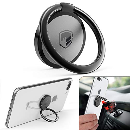 Phone Ring Holder Finger Kickstand - FITFORT 360° Rotation Metal Ring Grip for Magnetic Car Mount Compatible with All Smartphone-Black