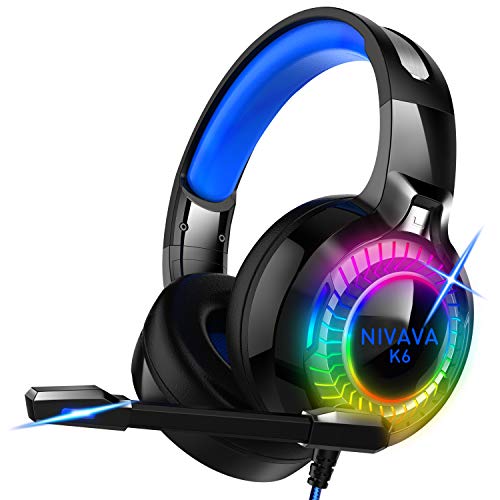 Nivava Gaming Headset for PS4, Xbox One, PC Headphones with Microphone LED Light Mic for Nintendo Switch PS5 Playstation Computer, K6(Blue)