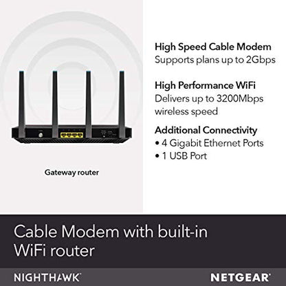 NETGEAR Nighthawk Cable Modem WiFi Router Combo (C7800) - Compatible with Cable Providers Including Xfinity by Comcast, Cox, Spectrum AC3200 WiFi Speed | DOCSIS 3.1 (Renewed)