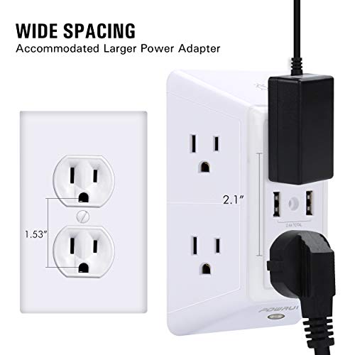 USB Wall Charger, Surge Protector, POWRUI 6-Outlet Extender with 2 USB Charging Ports (2.4A Total) and Night Light, 3-Sided Power Strip with Adapter Spaced Outlets - White，ETL Listed
